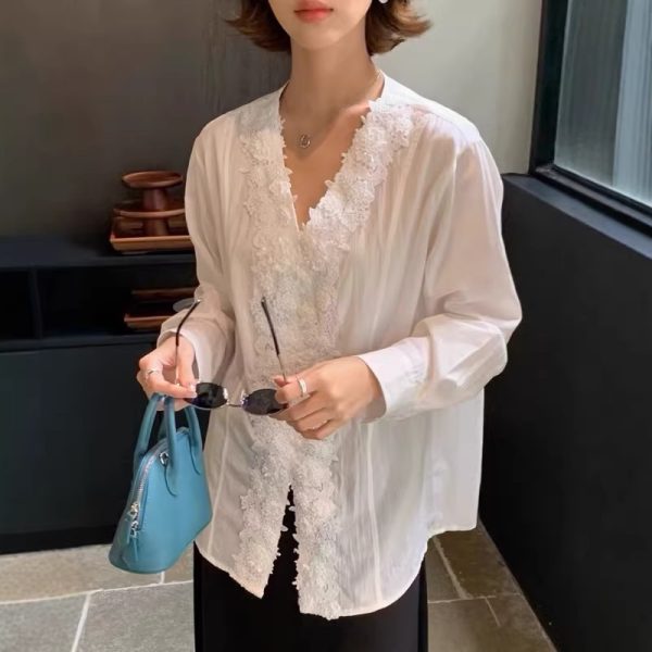 French Women's Long Sleeve V-Neck Solid Shirt Lace Patchwork Linen Tencel