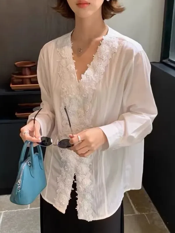 French Women's Long Sleeve V-Neck Solid Shirt Lace Patchwork Linen Tencel
