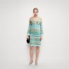 Elegant High Waist V Neck Long Sleeve Striped Open Knit Midi Dress Skin-Friendly Cooling