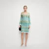 Elegant High Waist V Neck Long Sleeve Striped Open Knit Midi Dress Skin-Friendly Cooling