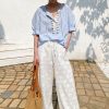 Women's Resort Striped Linen Mix Short Sleeve Loose V Neck Shirt Lace Tassel