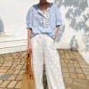 Women's Resort Striped Linen Mix Short Sleeve Loose V Neck Shirt Lace Tassel