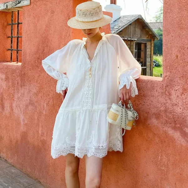 French Tencel Linen Dress Long Puff Sleeve V-Neck Midi Loose