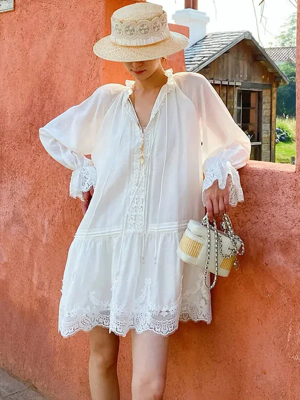 French Tencel Linen Dress Long Puff Sleeve V-Neck Midi Loose