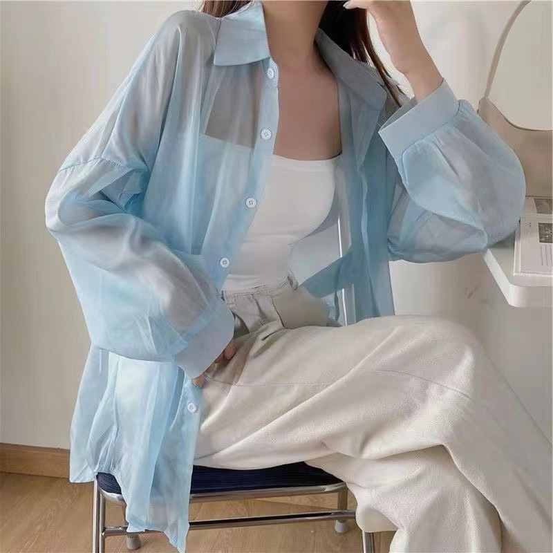 Women's Shimmer Sheer Long Sleeve Loose Polo Collar Patchwork Blouse