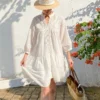 French Riviera Breathable Pure Cotton Broderie Anglaise Mini Shirt Dress