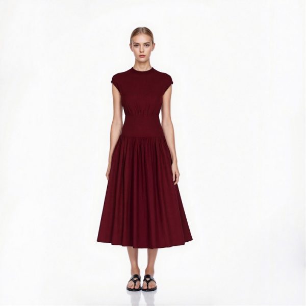 Elegant Wrinkle Free Wool Sleeveless A Line Midi Dress High Waist