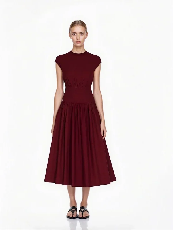 Elegant Wrinkle Free Wool Sleeveless A Line Midi Dress High Waist