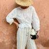 Women's Cotton Floral Embroidery Lace Ruffle Puff 3/4 Sleeve Top Skirt Set
