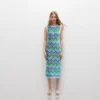Skin-Friendly Cooling Elegant Sleeveless Round Neck Chevron Stripe Midi Knit Dress High Waisted Office