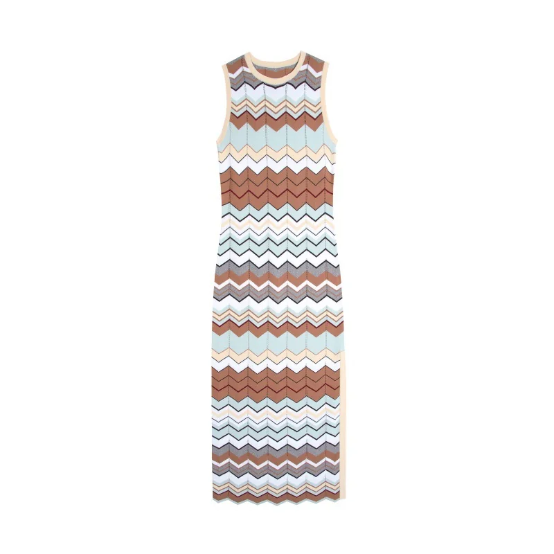 Elegant Sleeveless Chevron Knit Midi Dress Crew Neck High Waist Casual