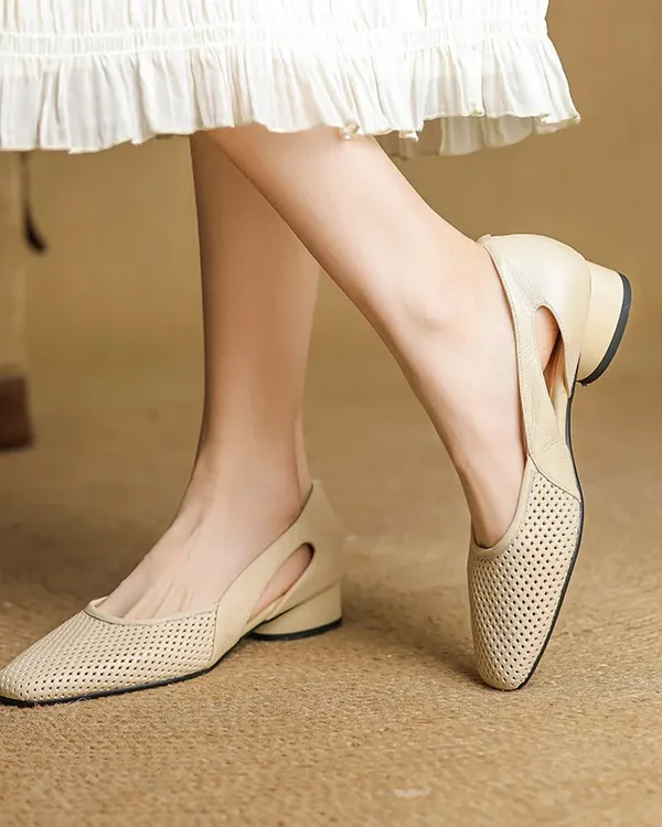Women's Square Toe Perforated Block Heel Shoes Sheepskin Sandal