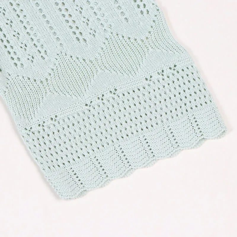 Elegant Light Green Hollow Out Knit Midi Dress Short Sleeve High Waist