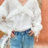 French White Cotton Blouse Long Sleeve V Neck Embroidery Lace Ruffle
