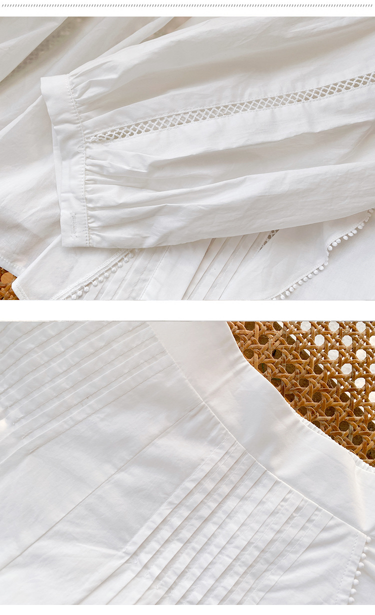 Women's French White Cotton Pleated Long Sleeve Shirt