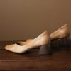 Women's Leather Block Heel Square Toe SlipOn Vintage Pumps Classic Dress Shoes