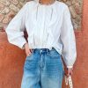 Women's French White Cotton Pleated Long Sleeve Shirt