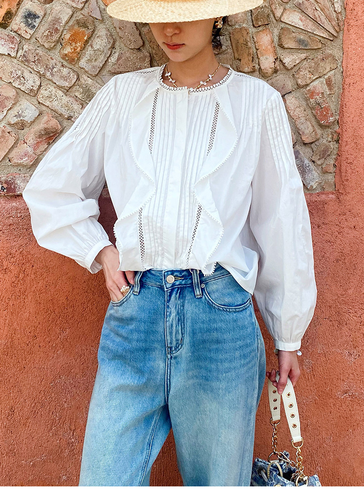 Women's French White Cotton Pleated Long Sleeve Shirt