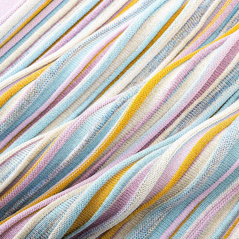 Skin-Friendly Cooling Elegant Floral Striped Knit Midi Dress V Neck Long Sleeve High Waisted A Line