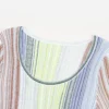 Elegant Striped Long Sleeve Midi Knit Dress Pleated High Waist Casual Skin-Friendly Cooling