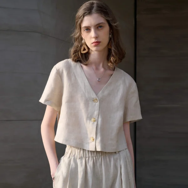 French Riviera Breathable Linen V Neck Cropped Short Sleeve Blouse