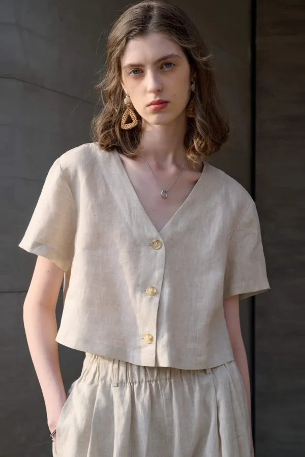 French Riviera Breathable Linen V Neck Cropped Short Sleeve Blouse