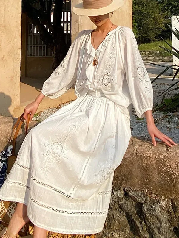 Bohemian Cotton Embroidered Floral V-neck 3/4 Hollow Out Top Midi Skirt
