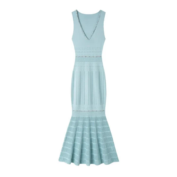 Elegant Sleeveless V-Neck Beaded Mid-Length Knit Mermaid Dress Skin-Friendly Cooling