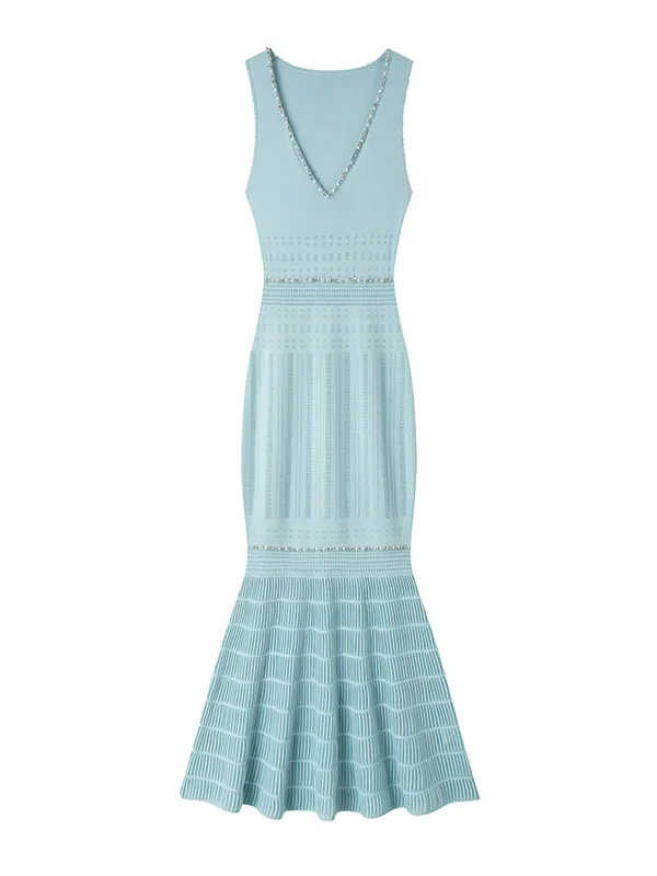 Elegant Sleeveless V-Neck Beaded Mid-Length Knit Mermaid Dress Skin-Friendly Cooling