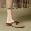Women's Rounded Toe Sheepskin Colorblock Mules Block Heel Perforated Sandal