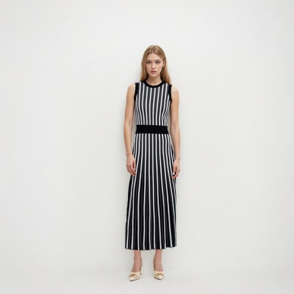 Skin-Friendly Cooling Women Sleeveless Striped Knit Midi Dress High Waist Elegant Work Dress