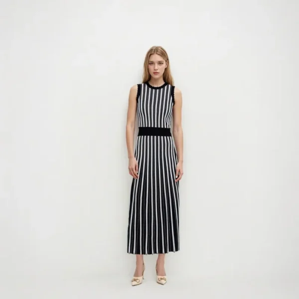 Skin-Friendly Cooling Women Sleeveless Striped Knit Midi Dress High Waist Elegant Work Dress