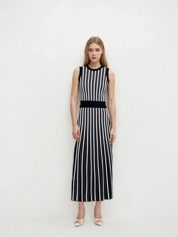 Skin-Friendly Cooling Women Sleeveless Striped Knit Midi Dress High Waist Elegant Work Dress