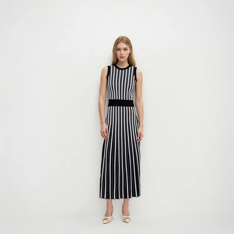Skin-Friendly Cooling Women Sleeveless Striped Knit Midi Dress High Waist Elegant Work Dress