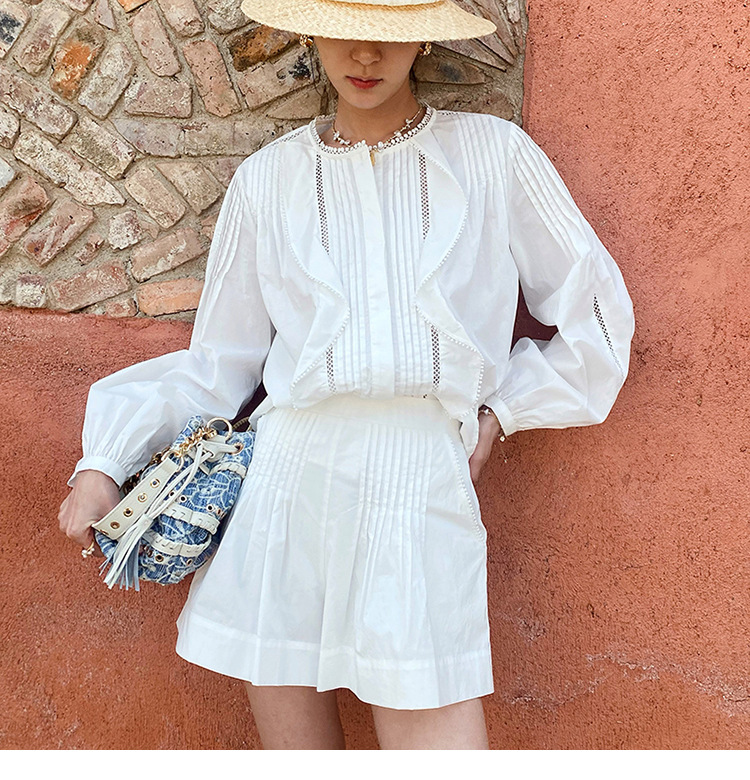 Women's French White Cotton Pleated Long Sleeve Shirt