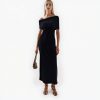 Elegant Womens Black Irregular Neck Wool Short Sleeve Knit Midi Dress