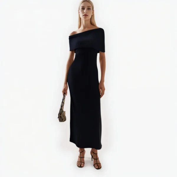 Elegant Womens Black Irregular Neck Wool Short Sleeve Knit Midi Dress