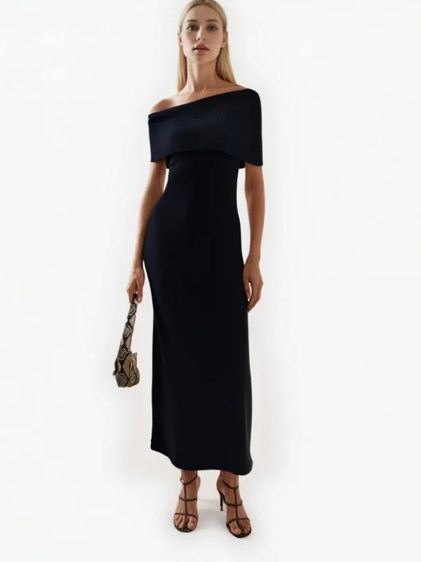 Elegant Womens Black Irregular Neck Wool Short Sleeve Knit Midi Dress