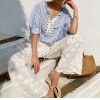 Women's Resort Striped Linen Mix Short Sleeve Loose V Neck Shirt Lace Tassel