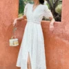 French Riviera Broderie Anglaise Cotton Puff Sleeve Midi Dress