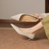 Women's Pointed Toe Kitten Heel Genuine Leather Slip On Pumps Daily Shoes