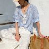 Women's Resort Striped Linen Mix Short Sleeve Loose V Neck Shirt Lace Tassel
