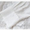 French Women's Long Sleeve V-Neck Solid Shirt Lace Patchwork Linen Tencel