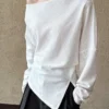 Minimalist Cotton Crinkled One Shoulder Waist Fitted Sweatshirt