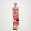 Elegant Sleeveless Round Neck Wavy Stripe Midi Knit Fishtail Dress Skin-Friendly Cooling