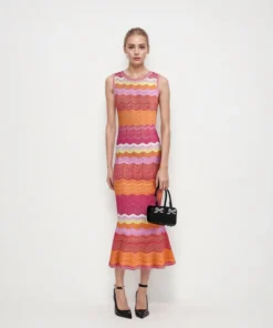 Elegant Sleeveless Round Neck Wavy Stripe Midi Knit Fishtail Dress Skin-Friendly Cooling