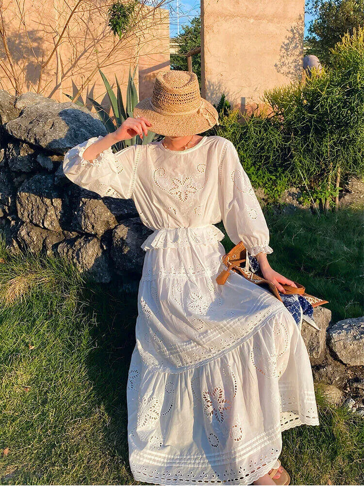 Women's Cotton Floral Embroidery Lace Ruffle Puff 3/4 Sleeve Top Skirt Set