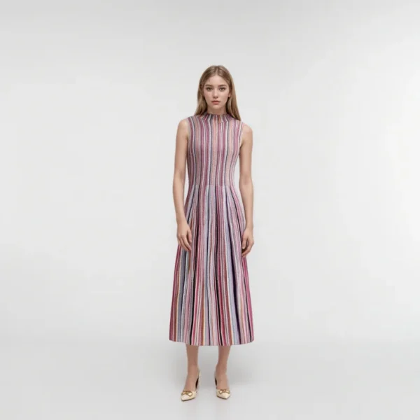 Womens Elegant Sleeveless Striped Knit Midi Dress Skin-Friendly Cooling High Waist A Line