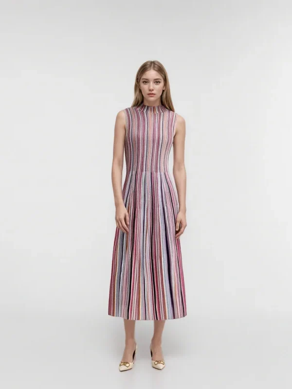 Womens Elegant Sleeveless Striped Knit Midi Dress Skin-Friendly Cooling High Waist A Line