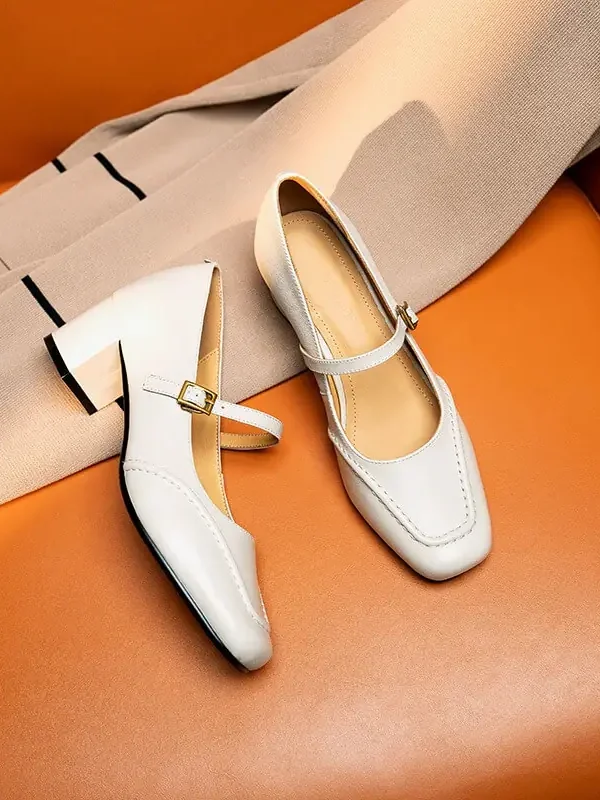 Women's TopGrain Cowhide Mary Jane Square Toe Thick Heel Casual Shoes